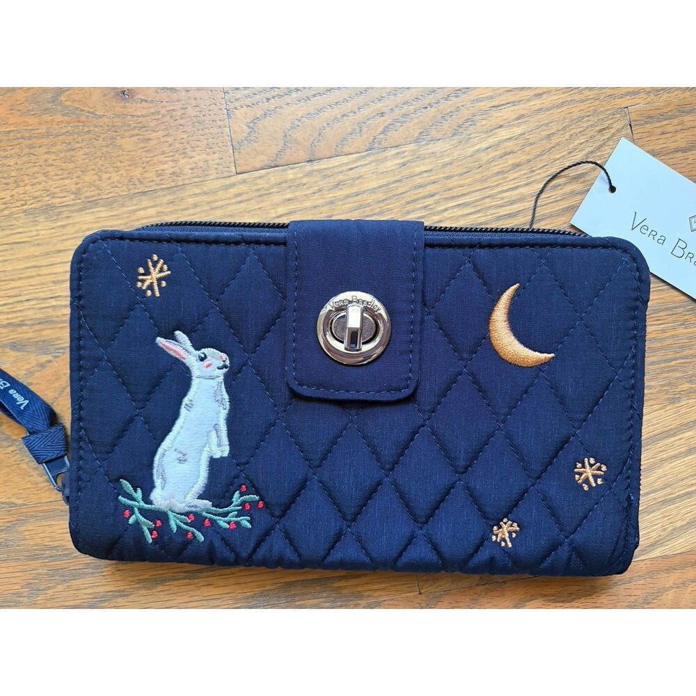 Vera Bradley Winter Forest Bunny Rabbit RFID Turnlock Wallet Microfiber Navy NWT